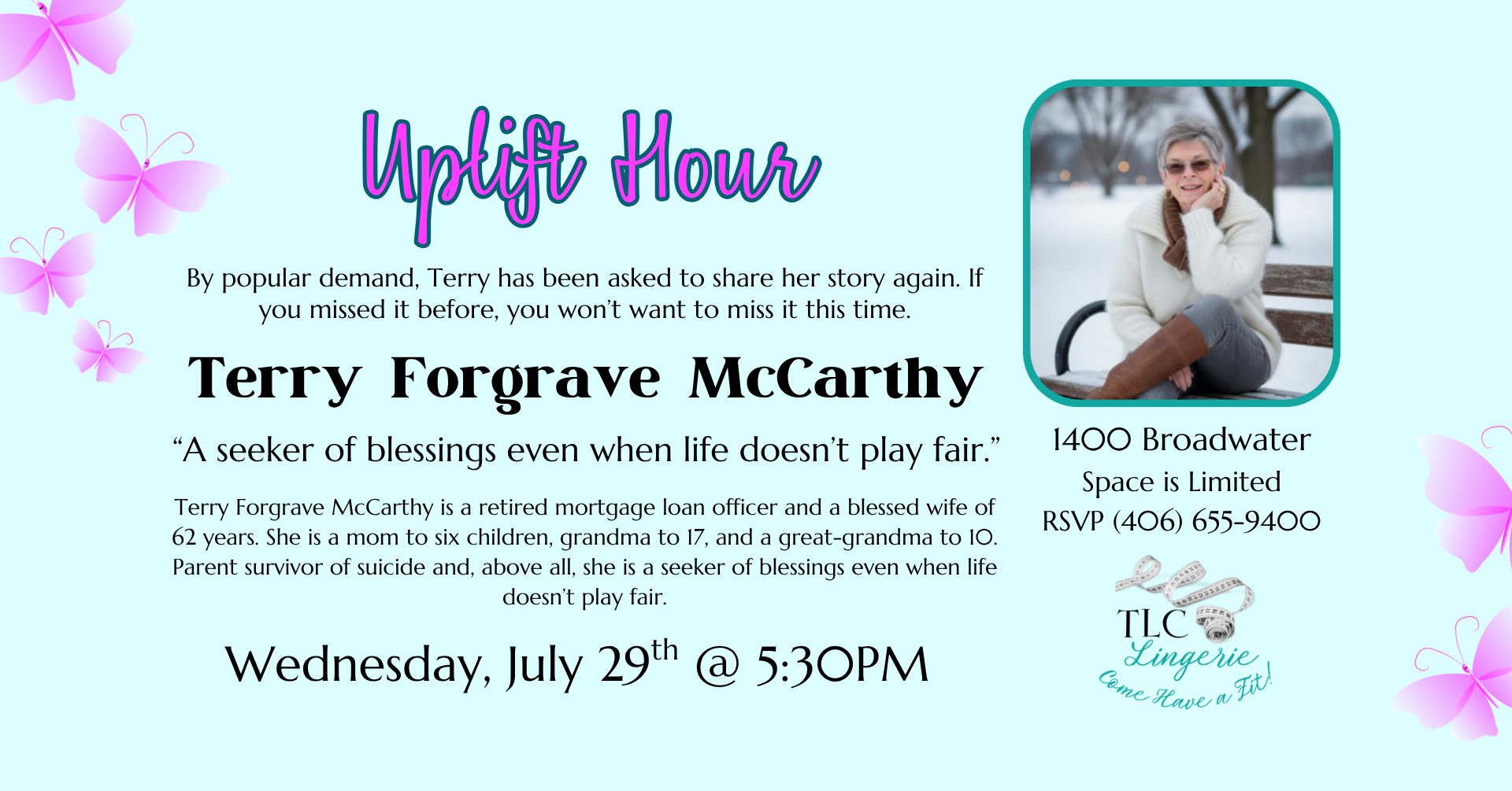 Promotional poster for 'Uplift Hour' featuring a photo of Terry Forgave McCarthy on a bench in winter with event details and RSVP text on a light blue background.